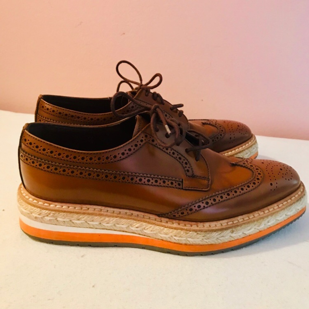 Prada Brown Lace-up Brogues Platforms Wedges size 37.5